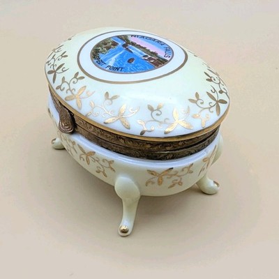 VTG Kalk ARNART Porcelain 4-FOOTED OVAL TRINKET BOX-Niagra Falls GOLD ACCENT