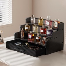 Cologne Stand for Men, 3 Tier Black Wooden Perfume Organizer with Drawer Stor...