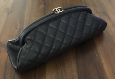 CHANEL Black Quilted Caviar Leather CLUTCH/PURSE w/Silver Tone CC Logo Clasp