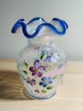 Fenton 95th Anniversary Vase Opalescent Swirl Purple Floral Scalloped Rim Signed