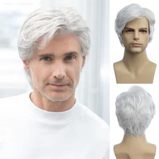 Baruisi Men Wigs Short White Wig Synthetic Heat Resistant Natural Halloween C