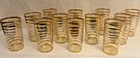 Antique / Vintage MCM Gold Stripe Band 12 Drinking Tumblers Glasses 5” x 2 3/4”