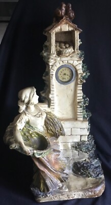 Large 23  Tall Antique Clock Retour a la Maison French Figural Plaster Lady 