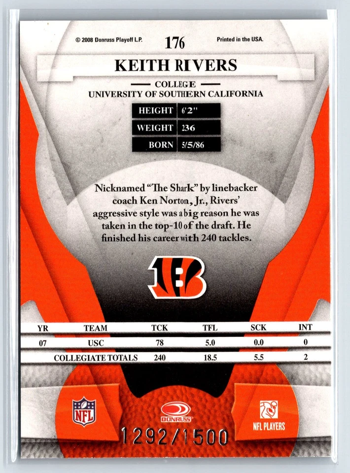 2008 Leaf Certified Materials  #176 Keith Rivers RC Bengals /1500 - Image 2 of 2