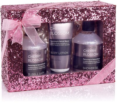 BRUBAKER 4-tlg Pflegeset Cherry Blossom inkl Tasche in Glitzer Geschenkbox Pink