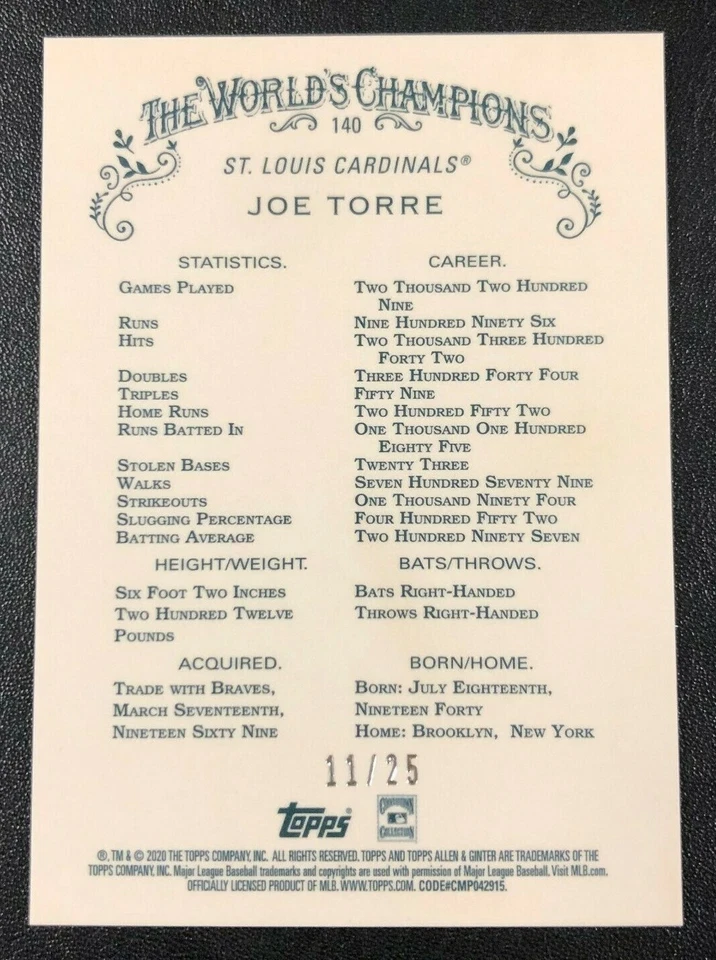 2020 Topps CHROME Allen & Ginter ORANGE Refractor JOE TORRE SSP #11/25 Cardinals - Image 2 of 2