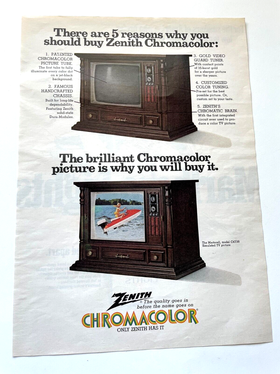 Print Ad 1972 Zenith Chromacolor TV Console Chromatic Brain