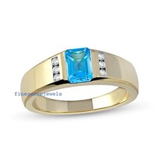 Natural Blue topaz CZ Gemstones 925 Sterling silver Gold Plated Men's Ring 1N