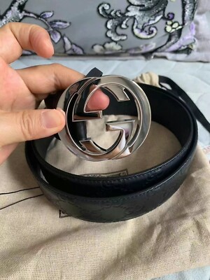 Gucci Black Leather & Silver G Buckle Belt Authentic Gucci Black Calfskin Leather Silver Interlocking G  main image 4