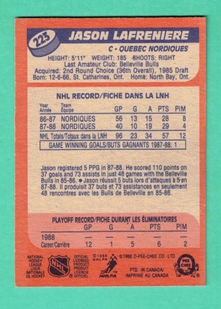1) JASON LAFRENIERE 1988-89 OPC # 223 NORDIQUES ROOKIE EX-MT CARD