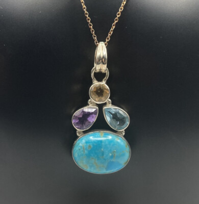 YS Indien 925 Sterling Silber Halskette mit Türkis Amethyst Citrin & Blautopas