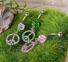 1pc CZ Gem Peace Sign Belly Ring Pierced Navel Naval 14g Piercing Body Jewelry