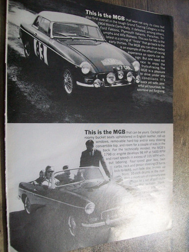 1964 MG MGB mid-size mag car ad - roadster & Monte Carlo rally car