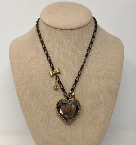 Signed Betsey Johnson Fly With Me Heart Mirror Glass Necklace Bird Rare - 第 1/5 張圖片
