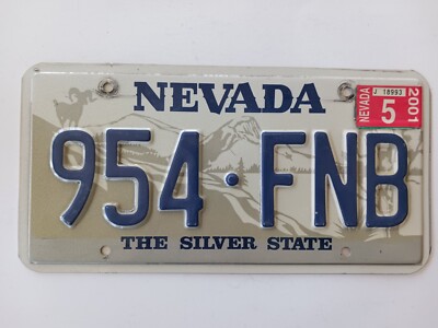 2001 Nevada NV License Plate 954 FNB The Silver State with Sticker