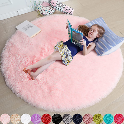 ラグ・カーペット Kyne Stamp Circle Rug by ROOM Pink 4X4 Ft Pink round Rug for Girls Bedroom, Fluffy Circle Rug for