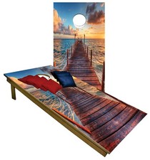 CORNHOLE BEANBAG TOSS GAME w Bags Game Board Boardwalk Ocean Sunset Set