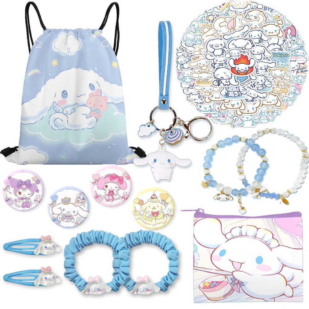Cute Cinnamoroll Set for Fan,Drawstring Bag,Keychain,Sticker,Coin Bag,Bracelet