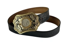Vintage Half Dollar Buckle Dutyman Black Full Grain Leather Belt Tooled Size 34