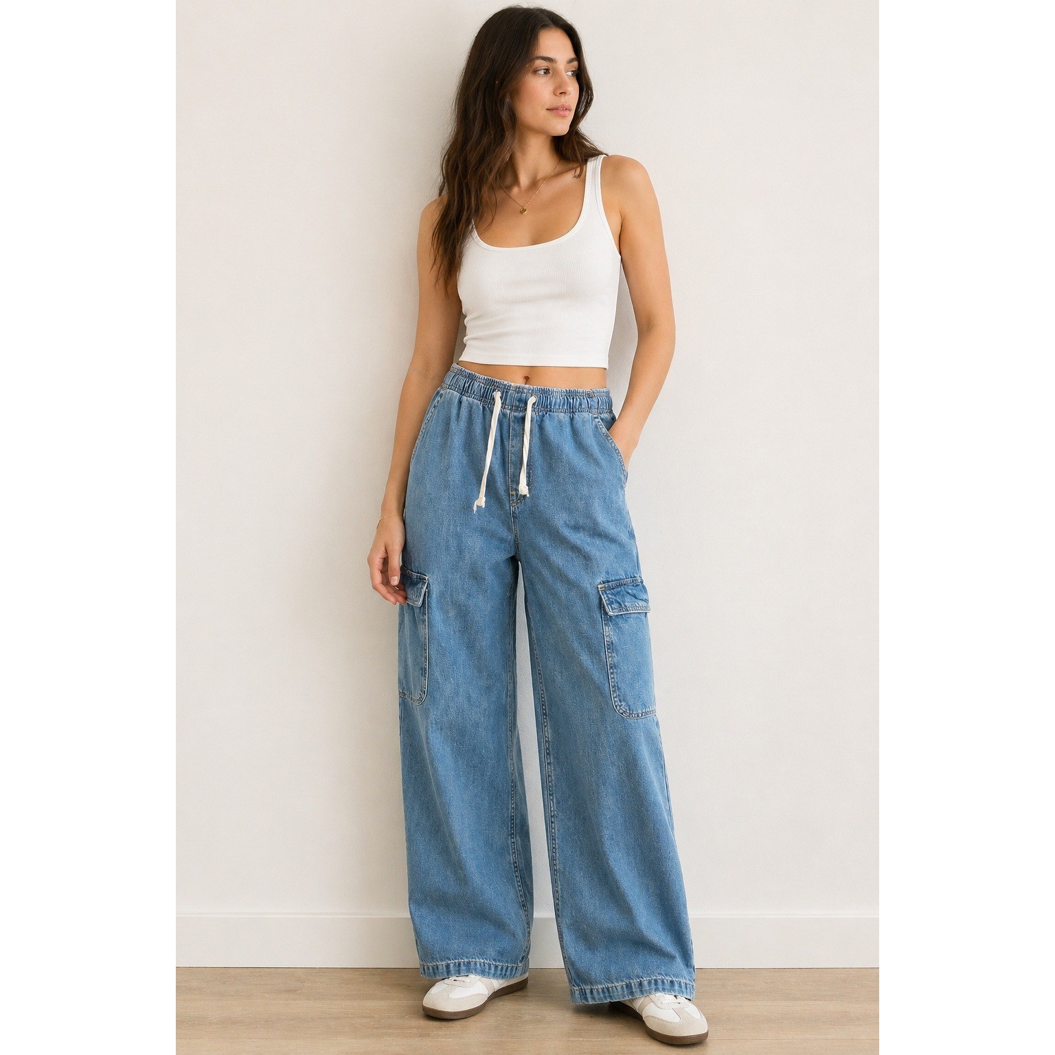 Y2K Wide Leg Cargo Jeans Gap High Rise Drawstring Denim Baggy Streetwear Large