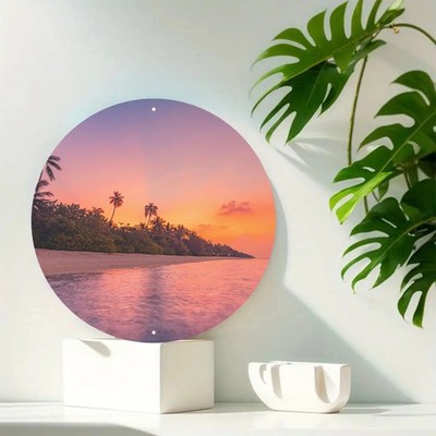 Coconut Trees Tropical Round Aluminum Wall Art Light Beige