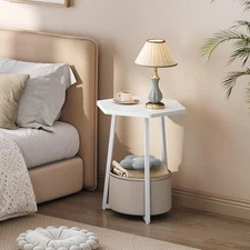Small Side Table, End Table with Storage Basket, Modern Nightstand for White