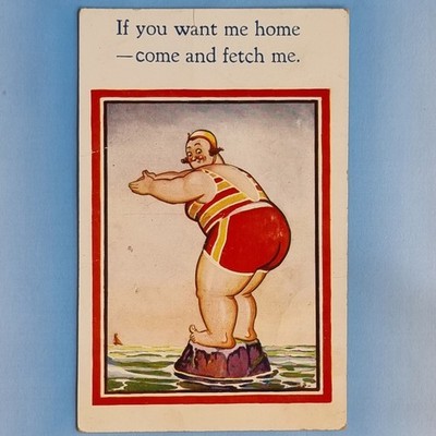 Comic Postkarte um 1930 Fat Lady Badeanzug Mütze Tauchen Meer Hol mich nach Hause