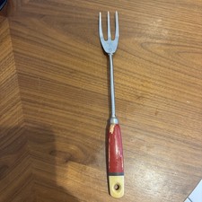 50s 60s Vintage Retro Skyline Red Wooden Handle Kitchen Utensil Meat Fork 