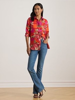 $125 Lauren Ralph Lauren Relaxed Fit Floral Linen Shirt Medium Ped/Pink/Multicol