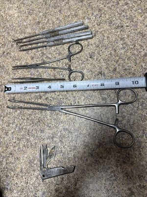Lot 8 1-AESCULAP SPONGE FORCEPS CURVED 1-hemostats 1-tweezers 1-knife 4-picks
