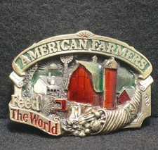 WH07114 NOS VINTAGE 1984  AMERICAN FARMERS  FEED THE WORL BRASS BELT BUCKLE