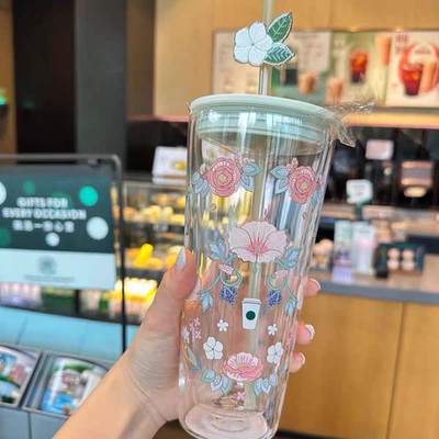NEW 2025 Starbucks China Spring Flower Series Glass Straw Cup 600ml Tumbler Gift