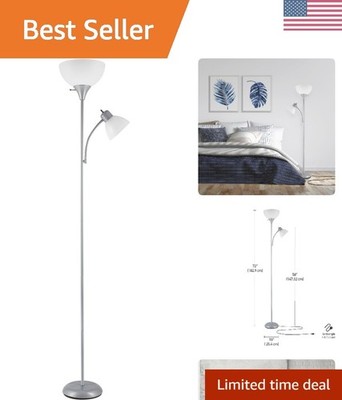 67134 72'' Torchiere Floor Lamp and Adjustable Reading Light, Silver, Frosted ...