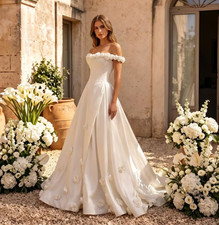 Simple Garden Satin Wedding Dresses Off the Shoulder A Line Bridal Gowns