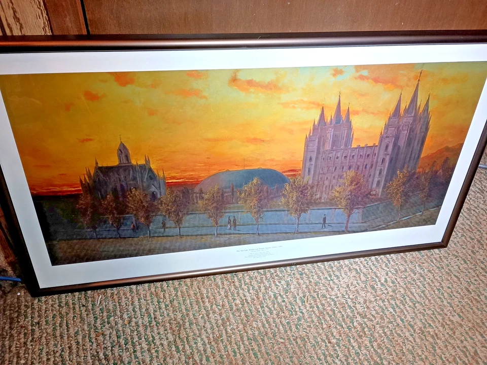 Mormon Salt Lake City Temple Square Sunset 1892 Aluminum Framed Glass 30" x 16" - Image 2 of 4