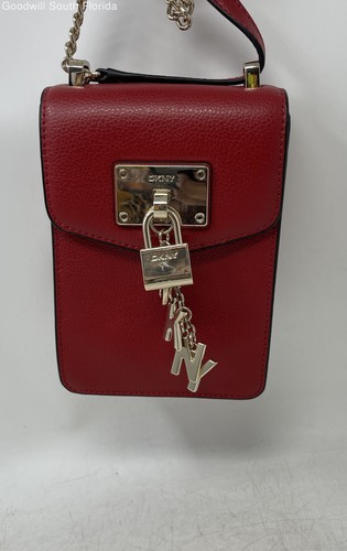 DKNY Womens Elissa Red Leather Charm Adjustable Strap Mini Crossbody Bag