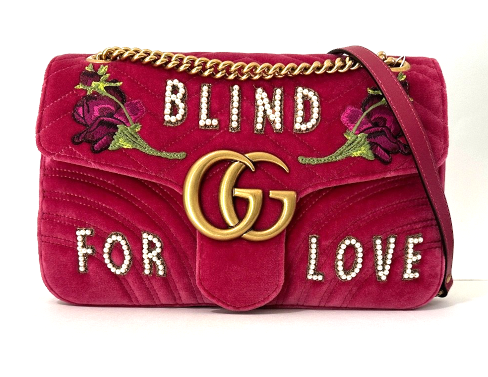 Gucci Blind For Love Pink Rose Velvet Bag Marmont GG Gold Italy