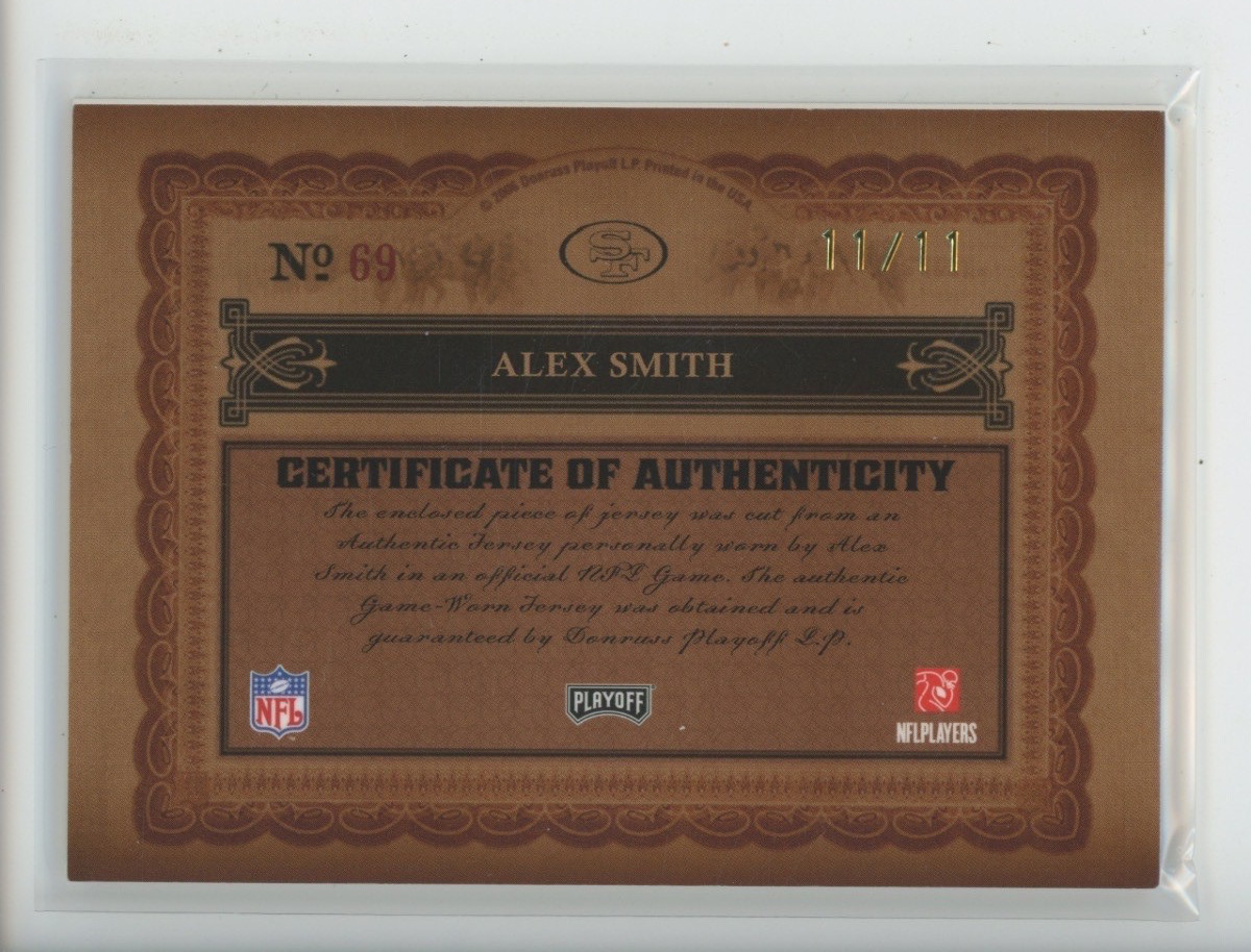 ALEX SMITH AUTO LOGO PATCH 2006 PLAYOFF NATIONAL TREASURES 12/12 JERSEY # 1/1 view 2