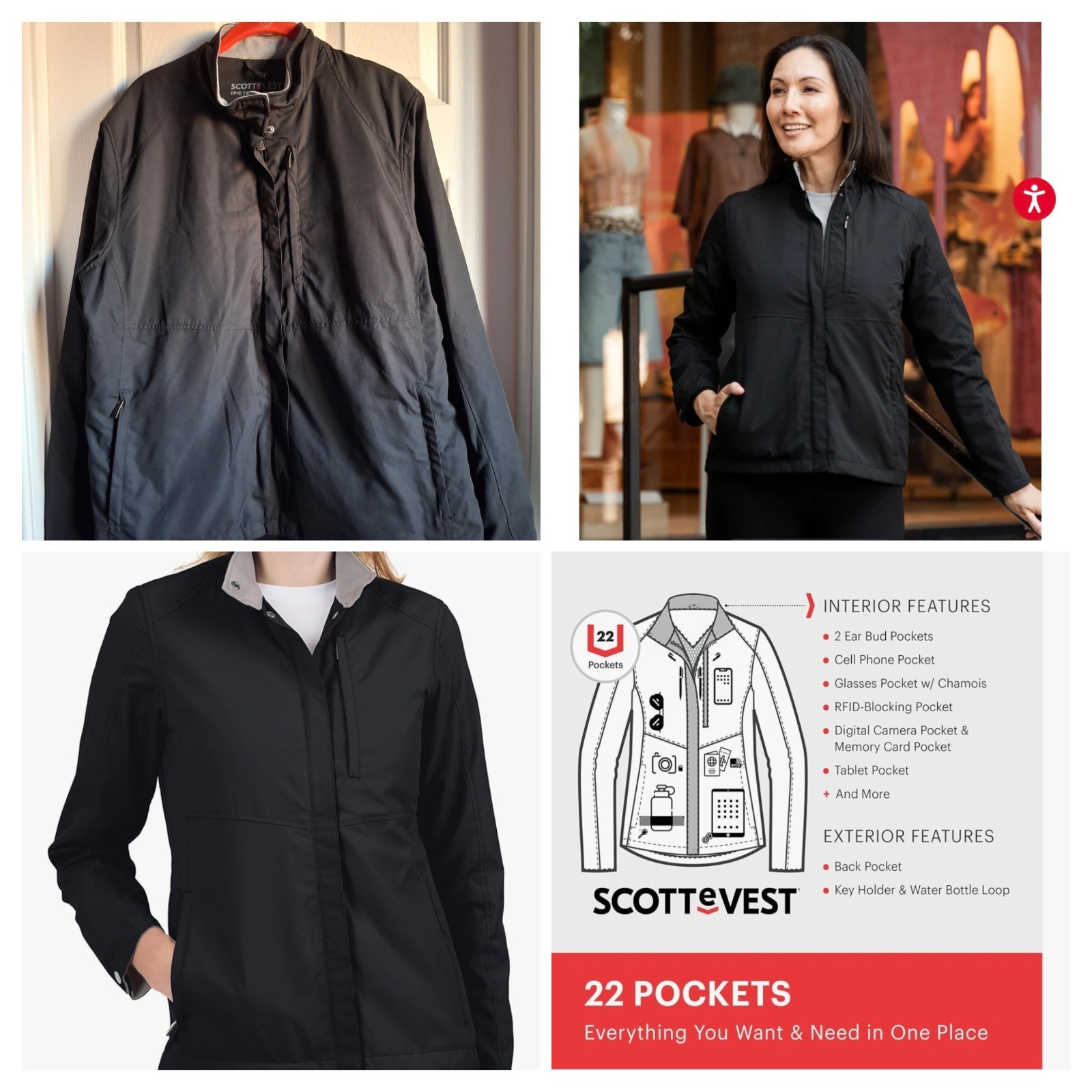 NWT! Women’s SCOTTeVEST EPIC Travel Jacket 22 Hidden Pockets Black Sz: M1/XXL