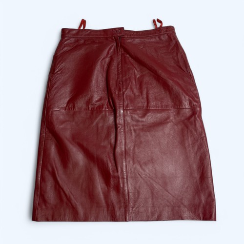 Berry Red Real Leather Knee Length Skirt Size UK 12 US 8 Mid Rise - Picture 10 of 11
