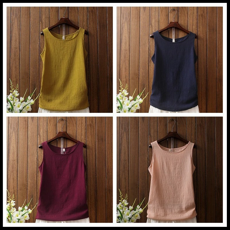 Mujeres Lino Algodón Chaleco Sin Mangas Top Retro Correa Camisola Camiseta Camiseta Camiseta Camiseta sin Mangas Foto 3 de 4