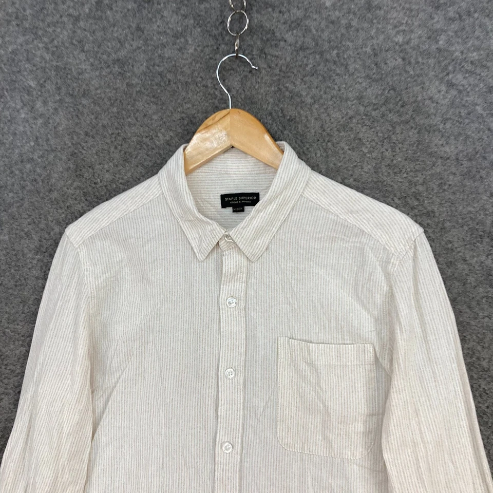 Staple Superior Shirt Mens Medium Beige Striped Button Up Long Sleeve 31609 - Image 3 of 4