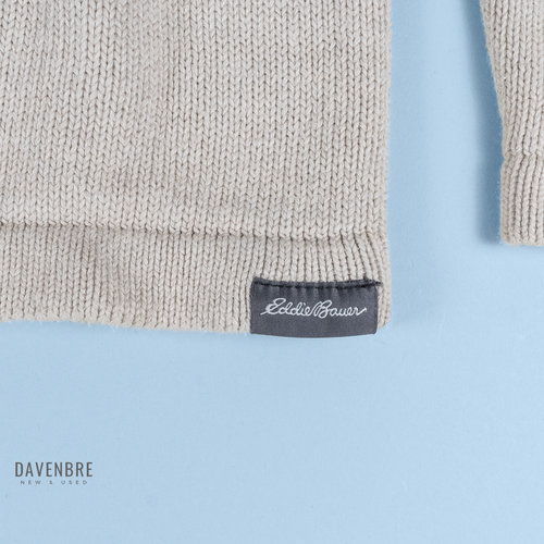 Eddie Bauer Sweater Mens M 100% Cotton 1/4 Zip Mock Neck Beige Cream Striped - 第 5/10 張圖片