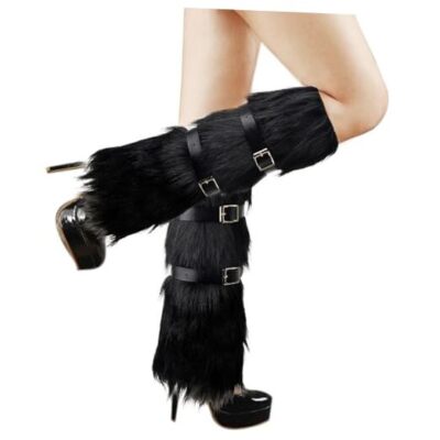 Faux Fur Leg Warmer with PU Belt Warm Furry Winter Boot Cuff One