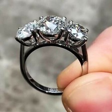 3Ctw Round Cut VVS1 Moissanite Three Stone Engagement Ring 14K White Gold Plated