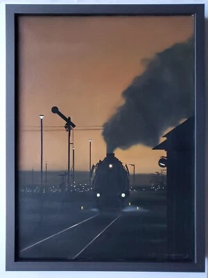 Gemälde Öl Zug Bahnhof Abend Fotorealismus Günther J Herrmann signiert 1991 - Bild 1 von 4