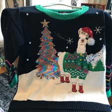 33 Degrees Christmas Sweater Womens LARGE Llama -Sequin xmas Tree 3D Pullover