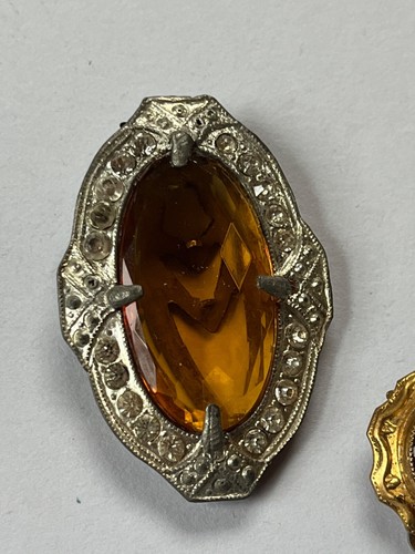 Vintage Lot of Large Amber Glass Paste in Tiny Clear Rhinestone Silvertone Frame - 第 3/10 張圖片