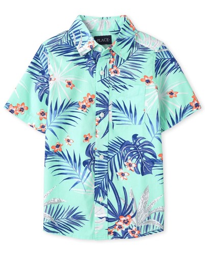 The Children’s Place Boys Dad And Me Tropical Poplin Button Up Shirt Mellow Aqha - Picture 3 of 7