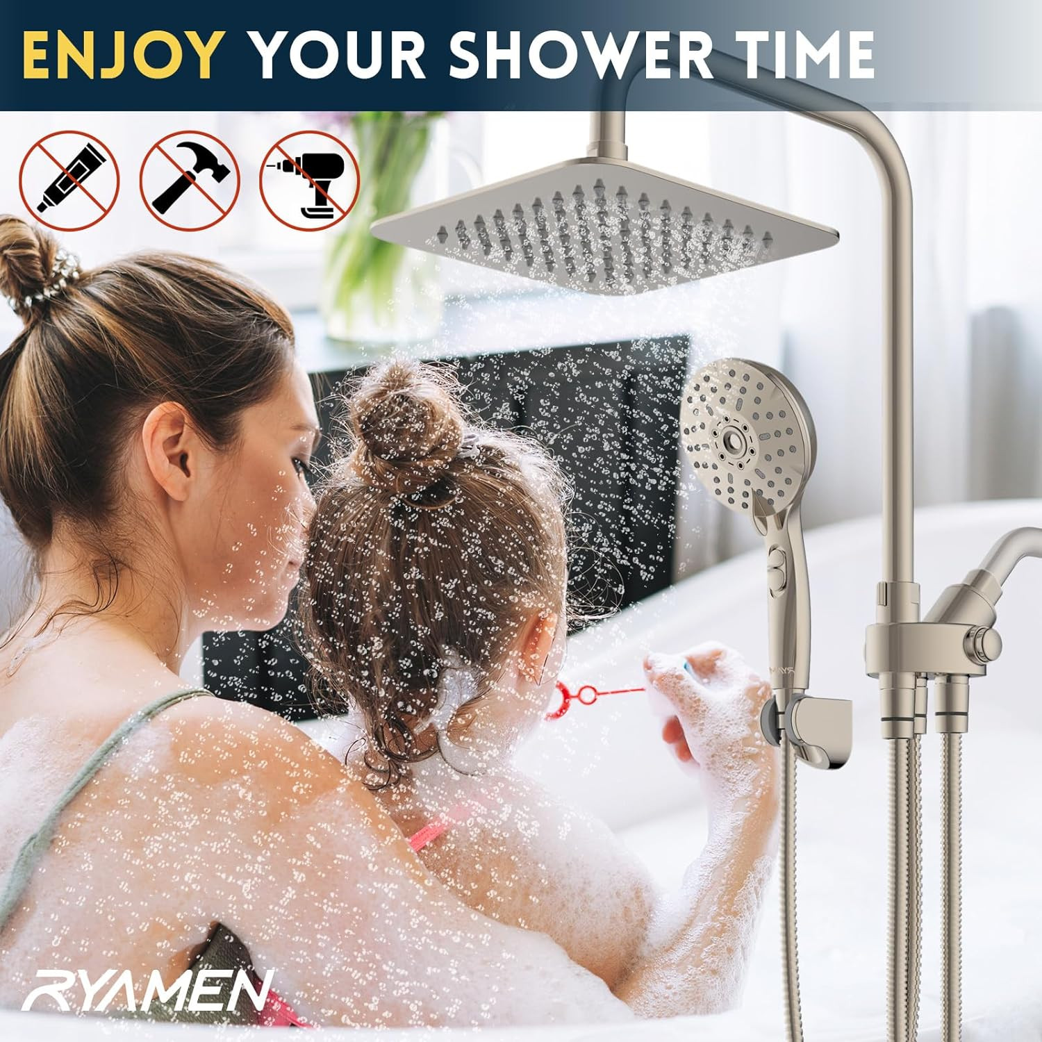 Brushed Nickel Dual Shower Head Combo with Adjustable Handheld & Slide Bar